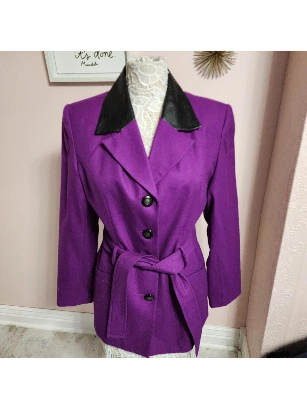 Vintage Gantos Purple Wool Belted Jacket Size 12 Faux Leather Collar Read - Picture 5 of 9
